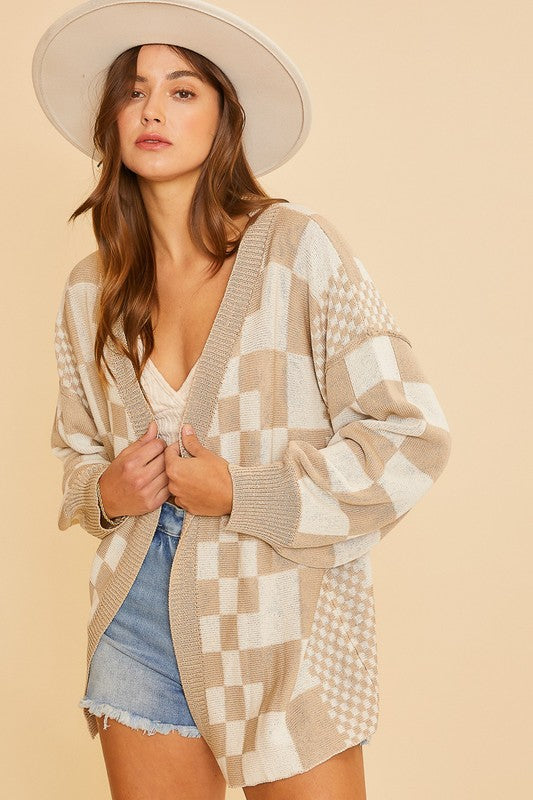 Annie Wear Checkered Cardigan In Tan