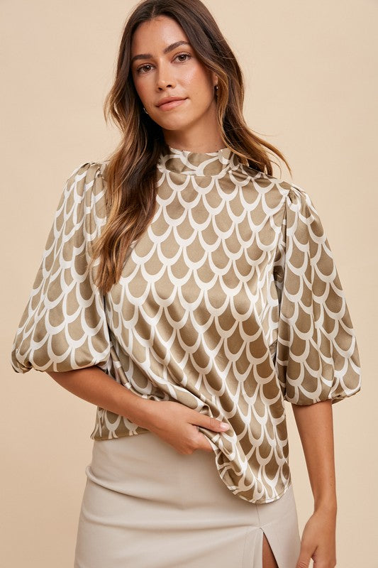 Annie Wear Tie Back Abstract Print Blouse In Khaki