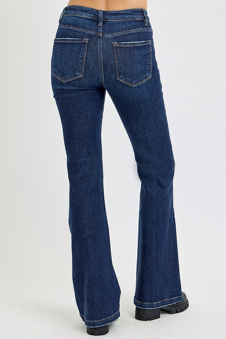 RISEN High Rise Flare Jeans with Pockets In Dark Wash