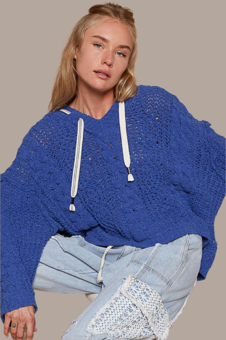 POL Cable Knit Hooded Chenille Sweater In Ultramarine