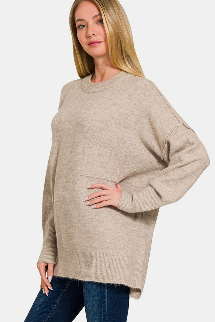 Zenana High-Low Hem Sweater In Mocha