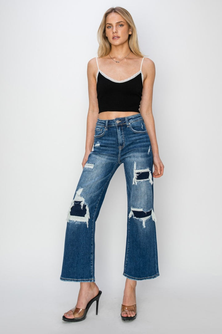 Risen Prime High Rise Patch Detailed Wide Leg Crop Jeans