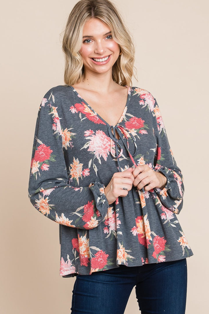 Super Lady Babydoll Floral Long Sleeve Blouse