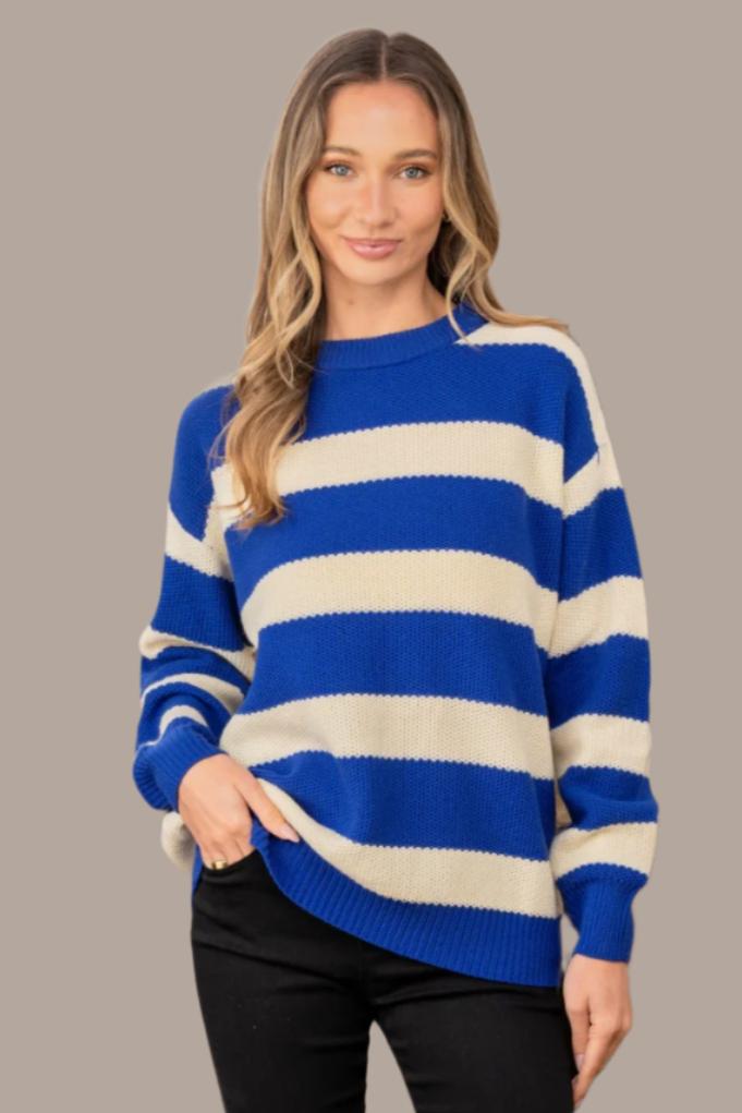 Sew In Love Contrast Striped Round Neck Sweater In Navy