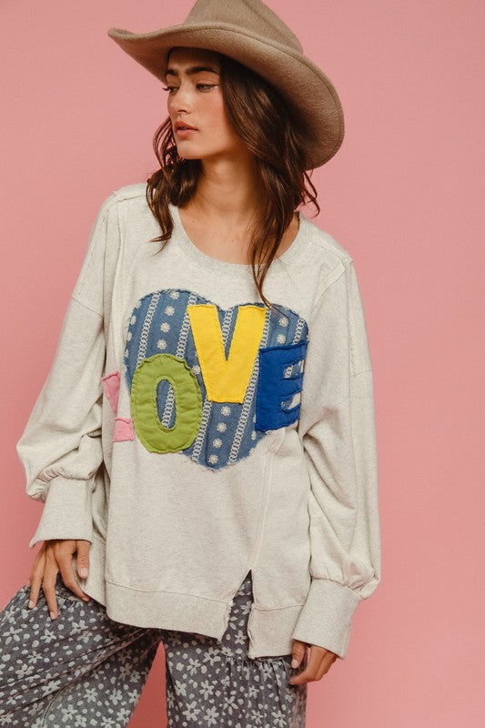 BiBi LOVE Heart Patch Slit French Terry Sweatshirt In Light Gray