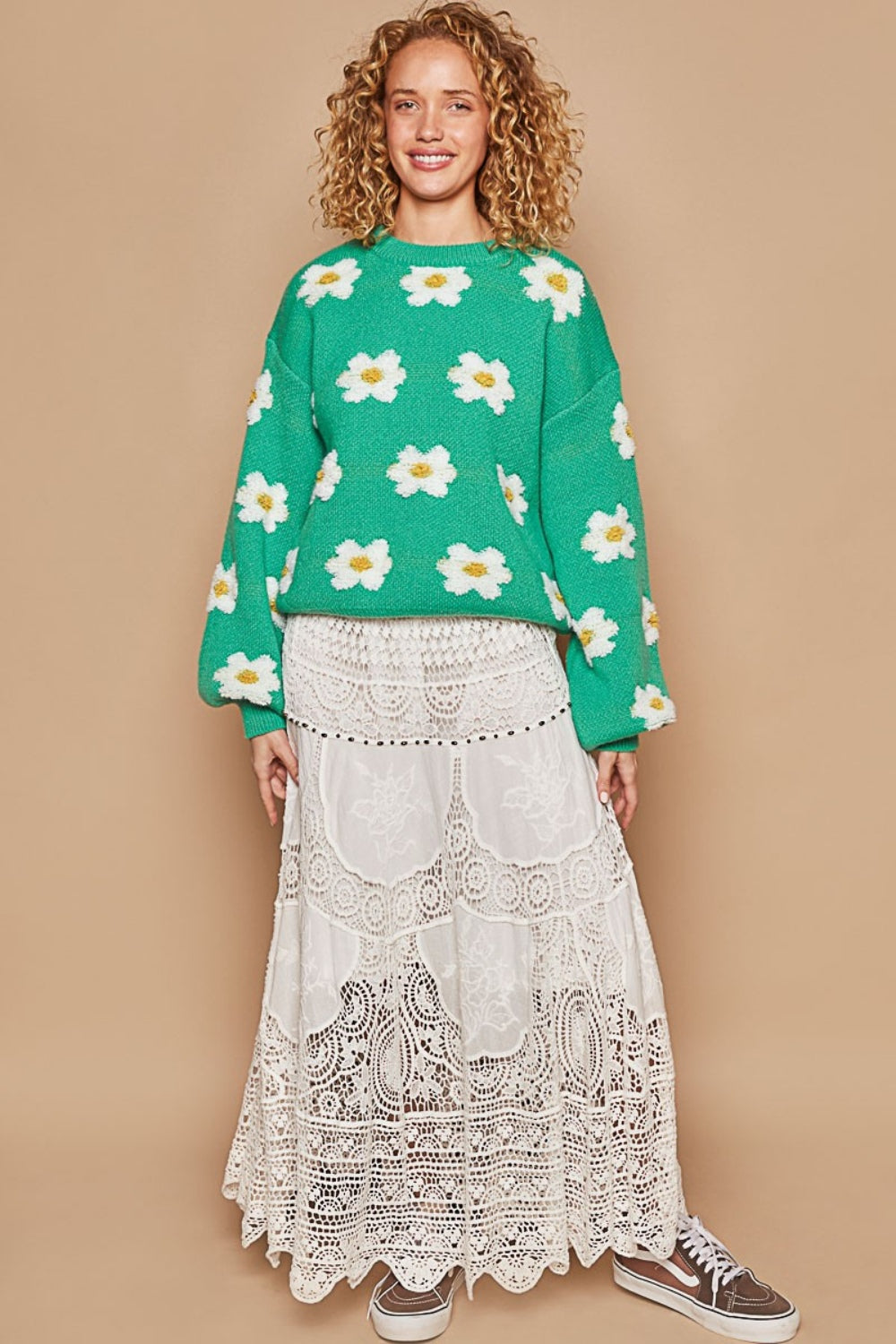 POL Daisy Pattern Drop Shoulder Sweater In Shamrock