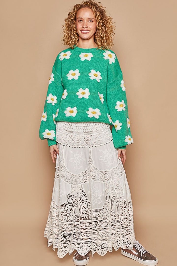 POL Daisy Pattern Drop Shoulder Sweater In Shamrock