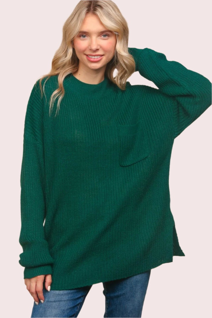 Haptics Full Size Mock Neck Side Slit Knit Top In Green