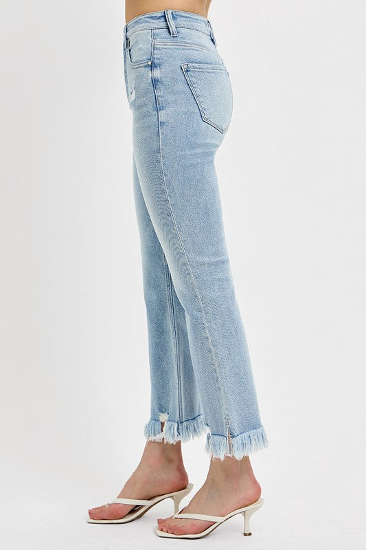 RISEN Raw Hem Distressed Cropped Flare Jeans In Light Wash