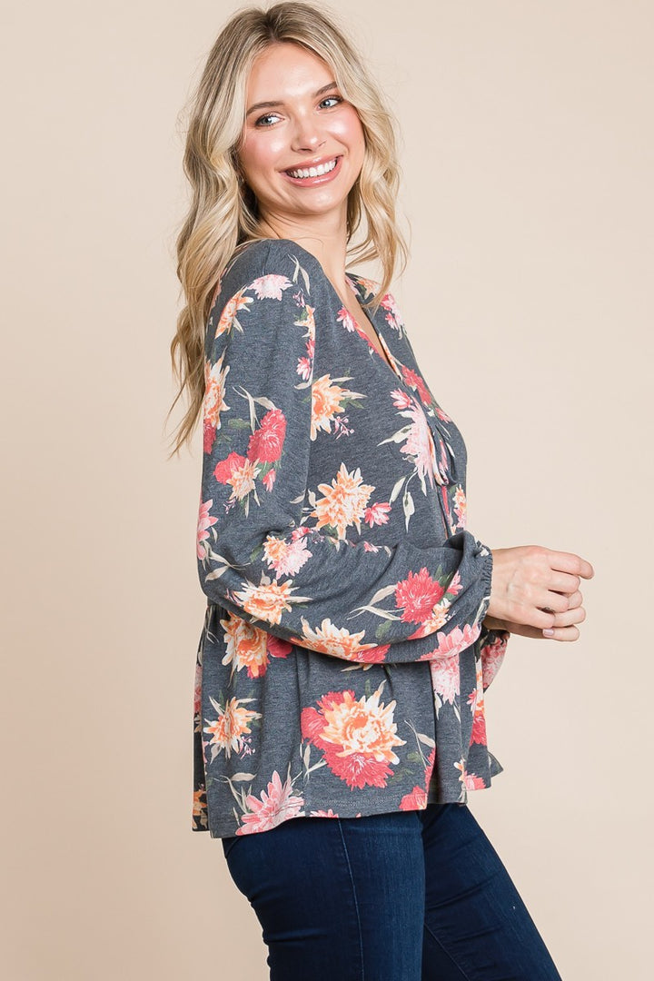 Super Lady Babydoll Floral Long Sleeve Blouse