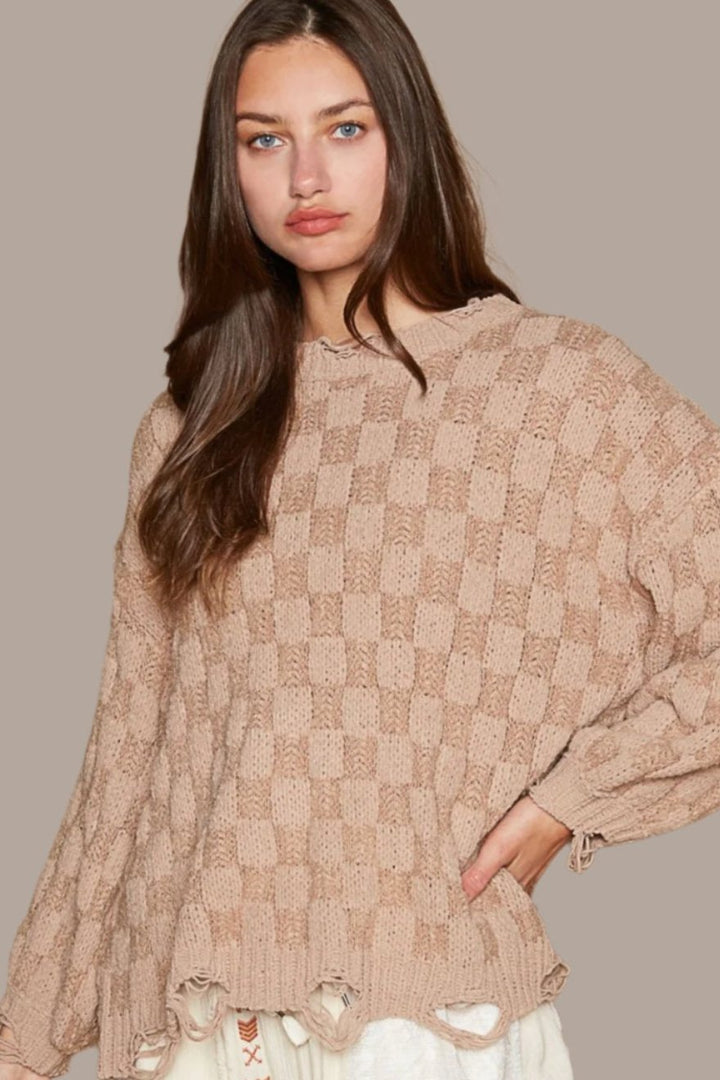 POL Checkered Distressed Edge Sweater In Mocha Beige