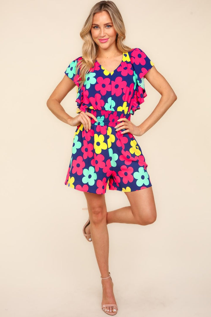 Zoey Floral Smocked Waist Romper with Side Pockets