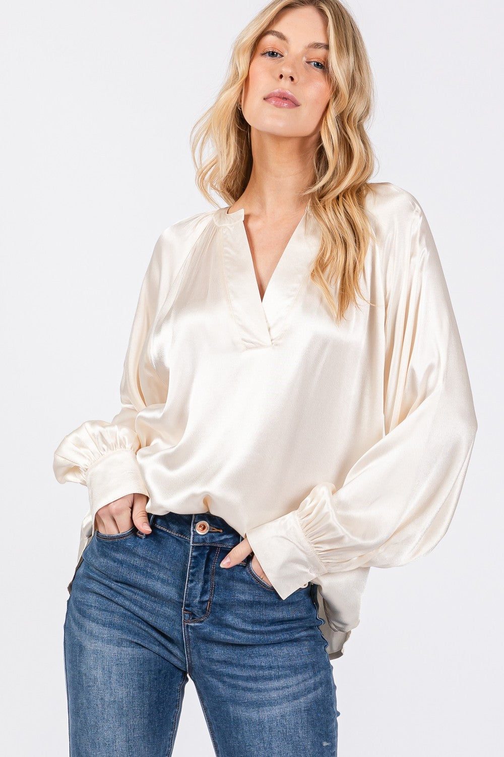 SAGE + FIG Notched Long Sleeve Top In Ivory