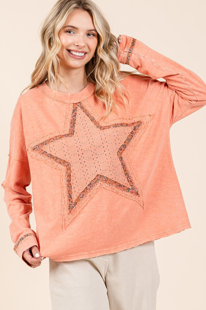 Mittoshop Mineral Wash Star Patch Long Sleeve T-Shirt In Coral Cream