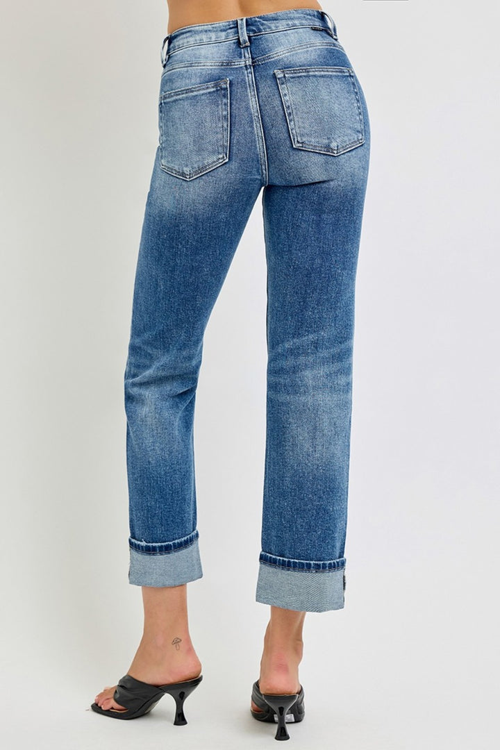 RISEN High Rise Crop Straight Roll Up Jeans In Medium Wash