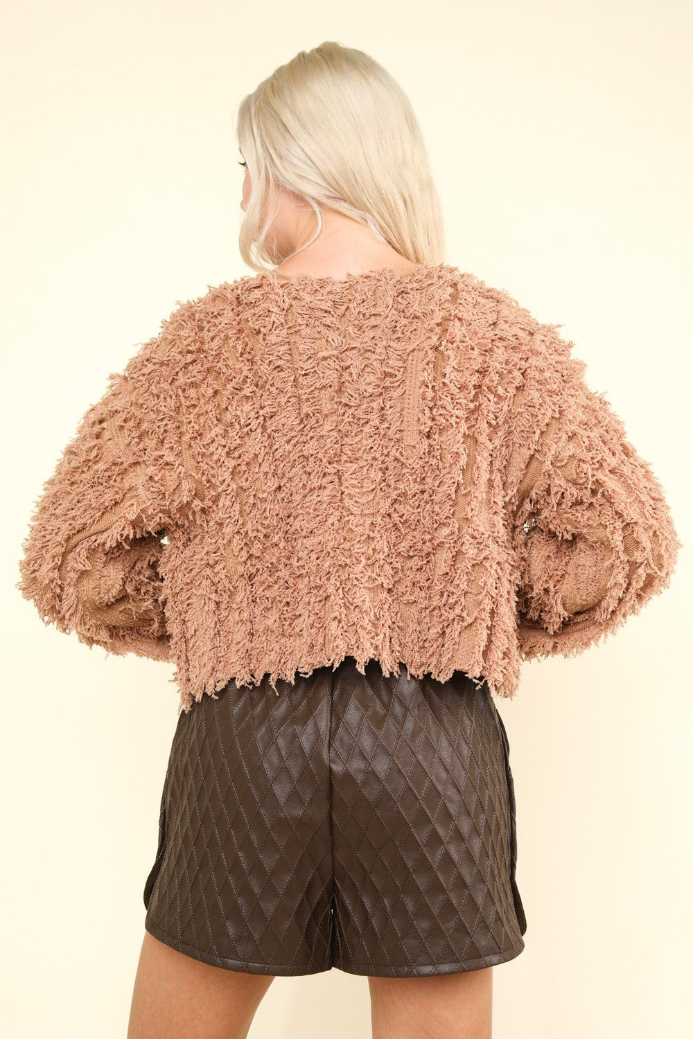 VERY J Shaggy Yarn Knit Zip Up Jacket In Mocha