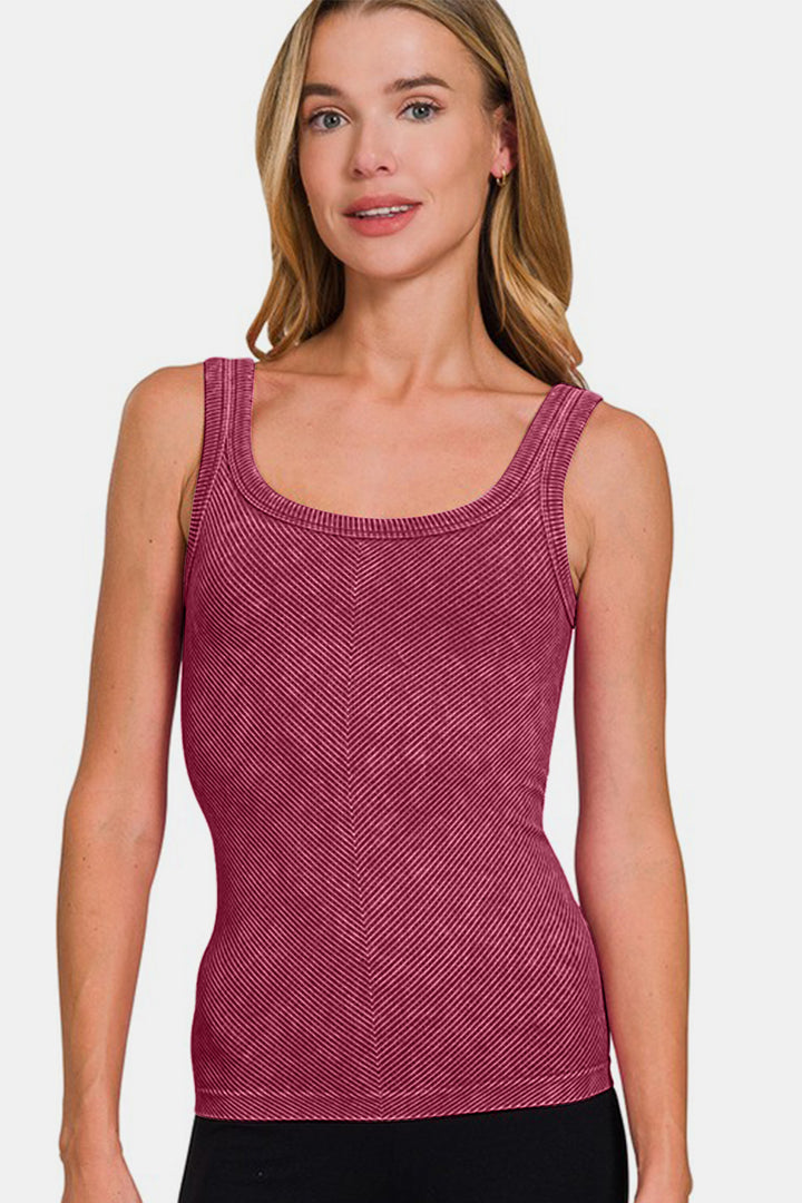 Zenana Ribbed Scoop Neck Tank In Burgundy