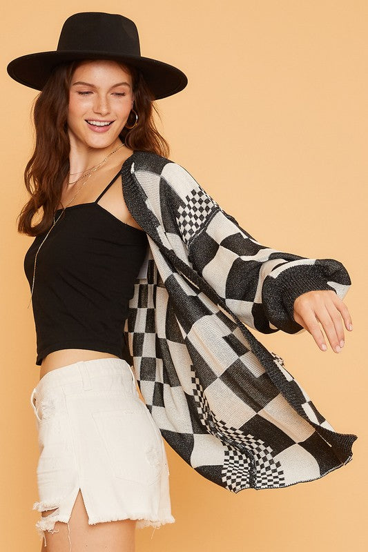 Annie Wear Checkered Cardigan In Black