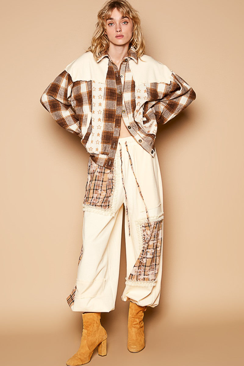 POL Plaid & Star Patchwork Contrast Long Sleeve Shacket In Beige