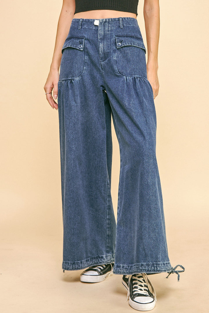 Davi & Dani Drawstring Hem Wide Leg Mid Rise Jeans In Medium