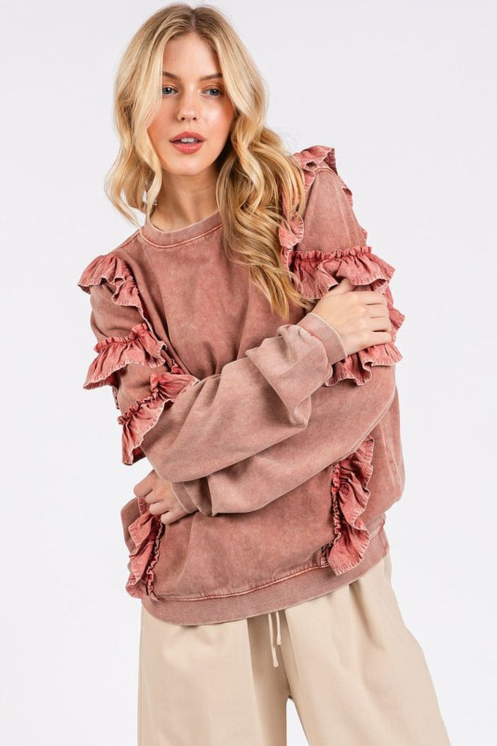 Mittoshop Ruffled Mineral Washed Sweatshirt In Antique Rose