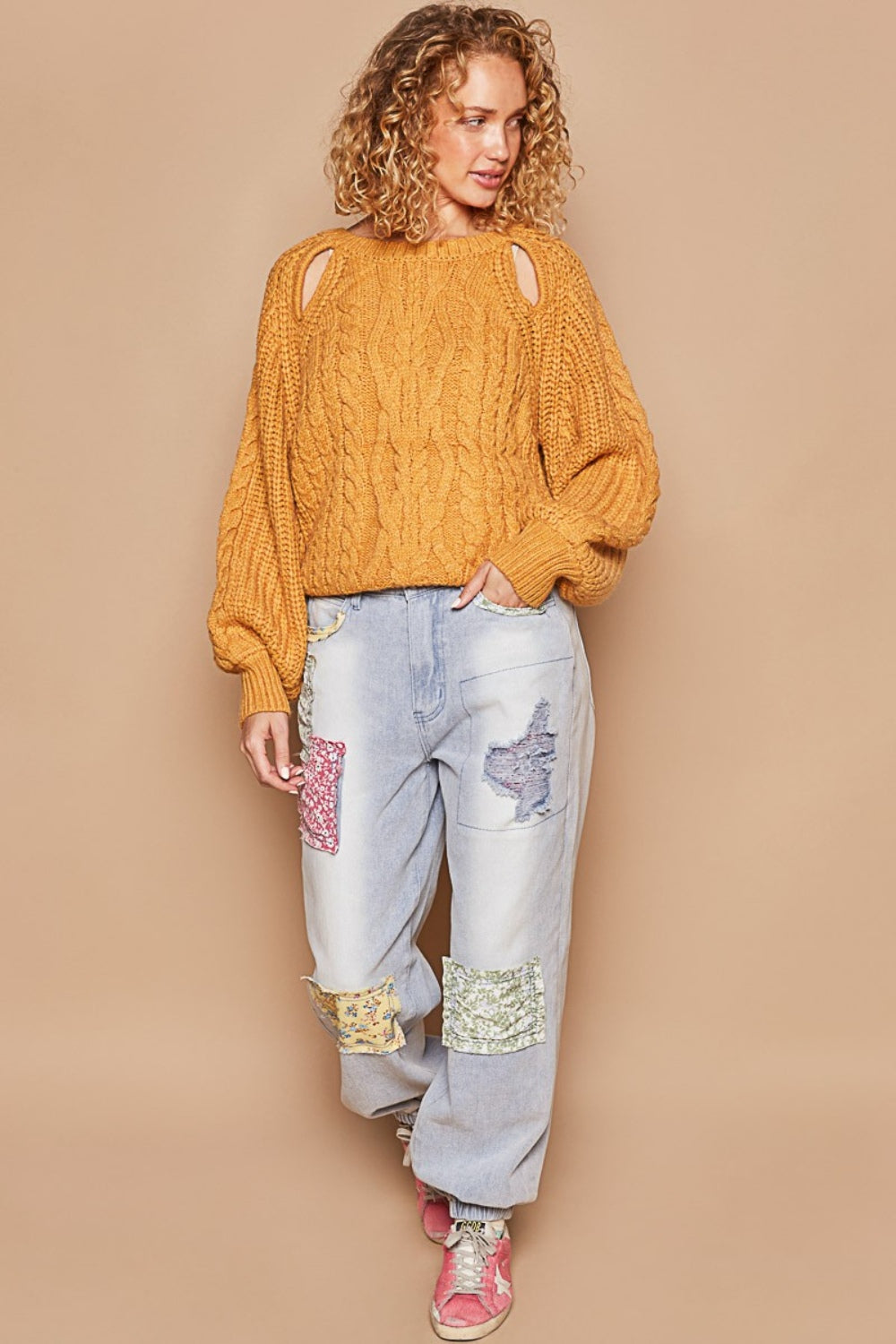 POL Cable Knit Cutout Long Sleeve Sweater In Honey Mustard