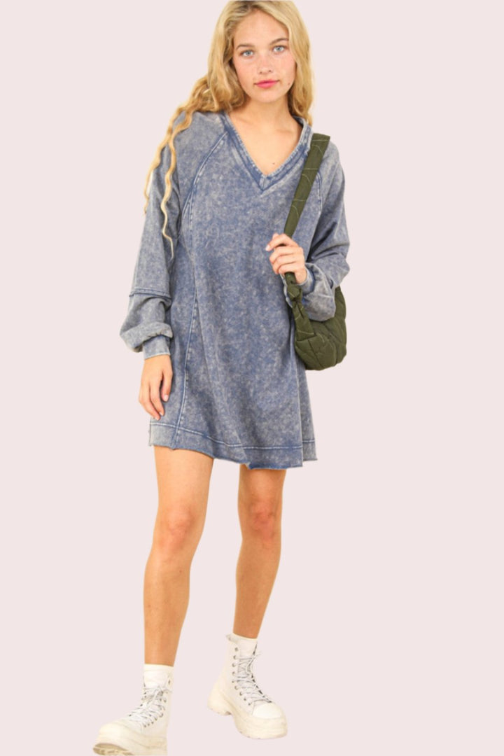 VERY J Mineral Washed Oversized A-Line Mini Dress In Denim