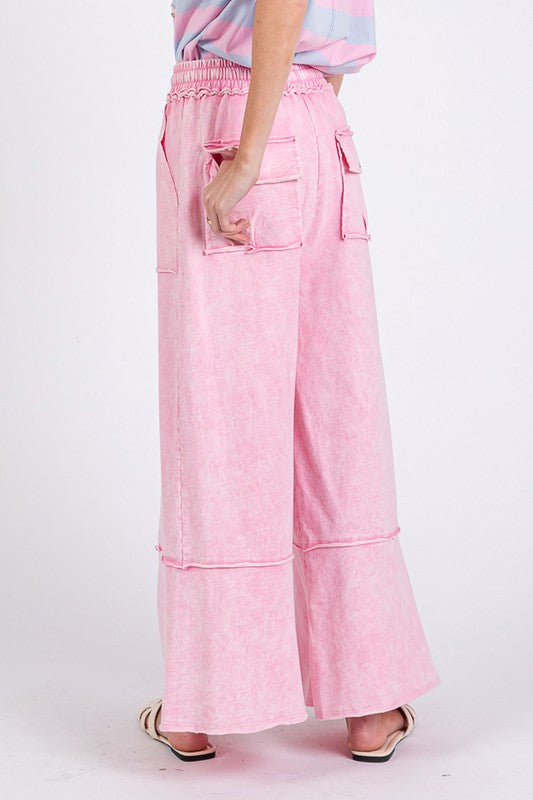 SAGE + FIG Mineral Washed Terry Wide Leg Pants In Pink