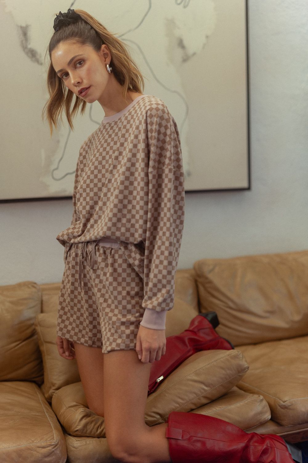 Annie Wear Checkered Top and Drawstring Shorts Set In Mocha