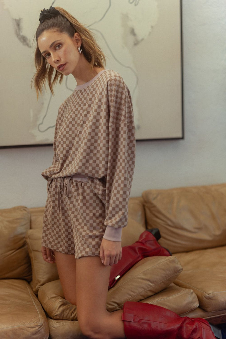 Annie Wear Checkered Top and Drawstring Shorts Set In Mocha