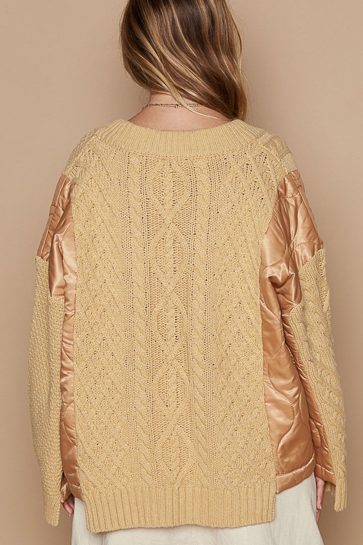 POL Quilting Patch Button Up Cable Knit Jacket In Camel