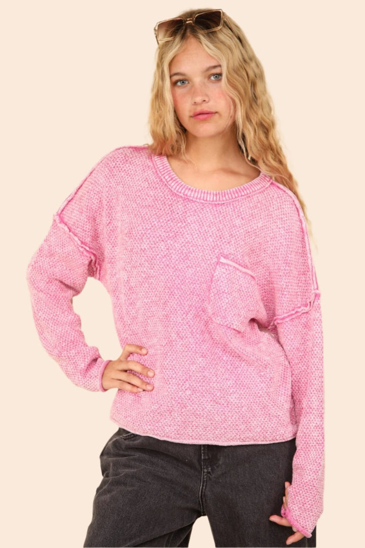 VERY J Mineral Washed Exposed Seam Sweater In pink