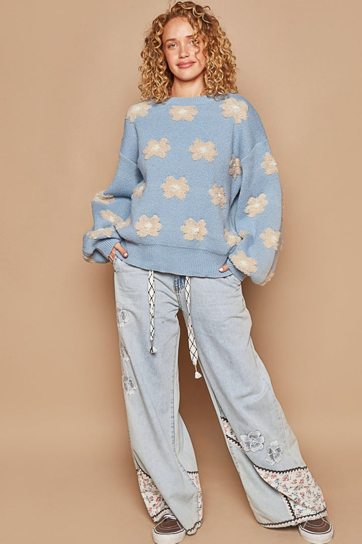 POL Daisy Pattern Drop Shoulder Sweater In Cornflower