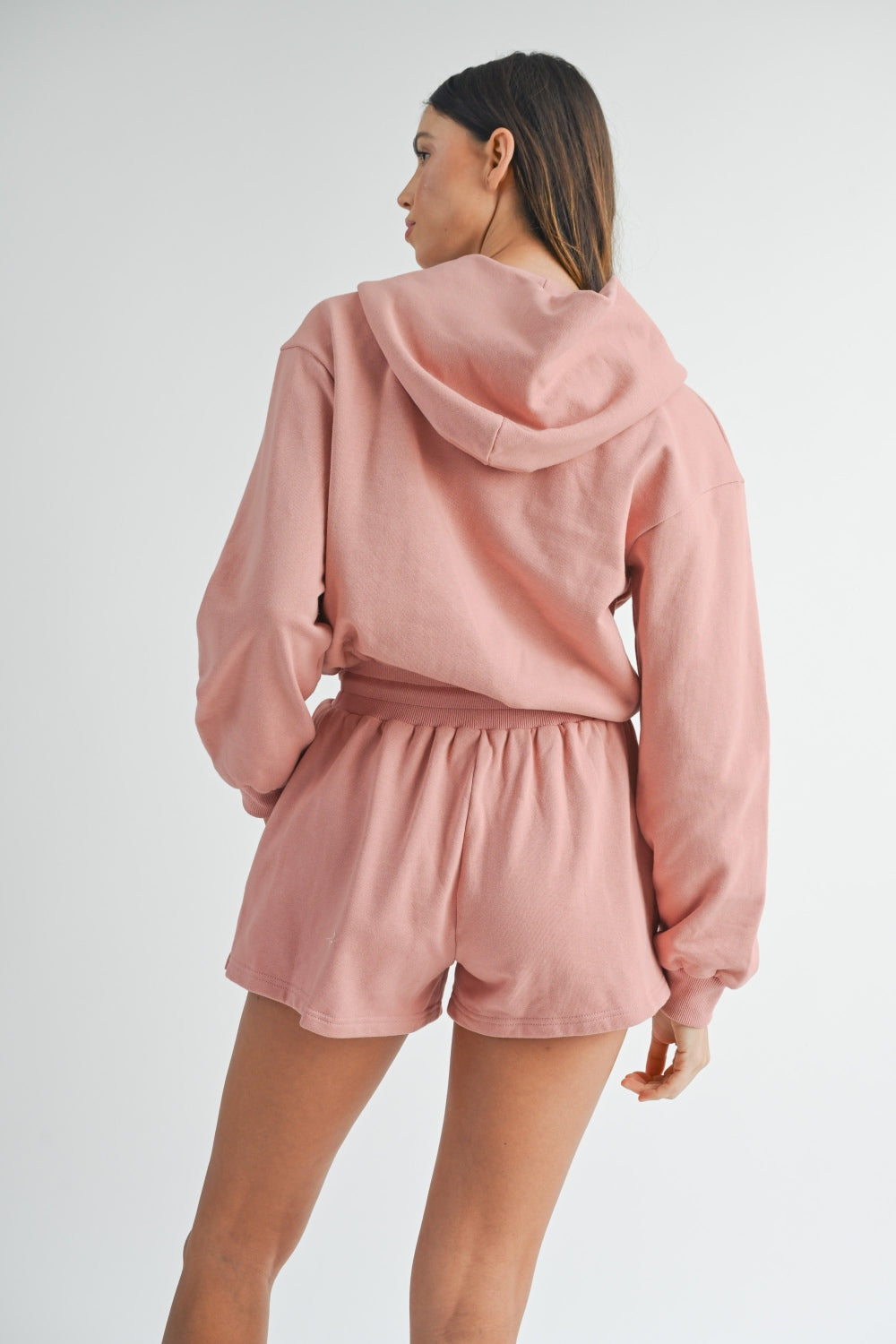 MABLE French Terry Hooded Romper In Dusty Mauve