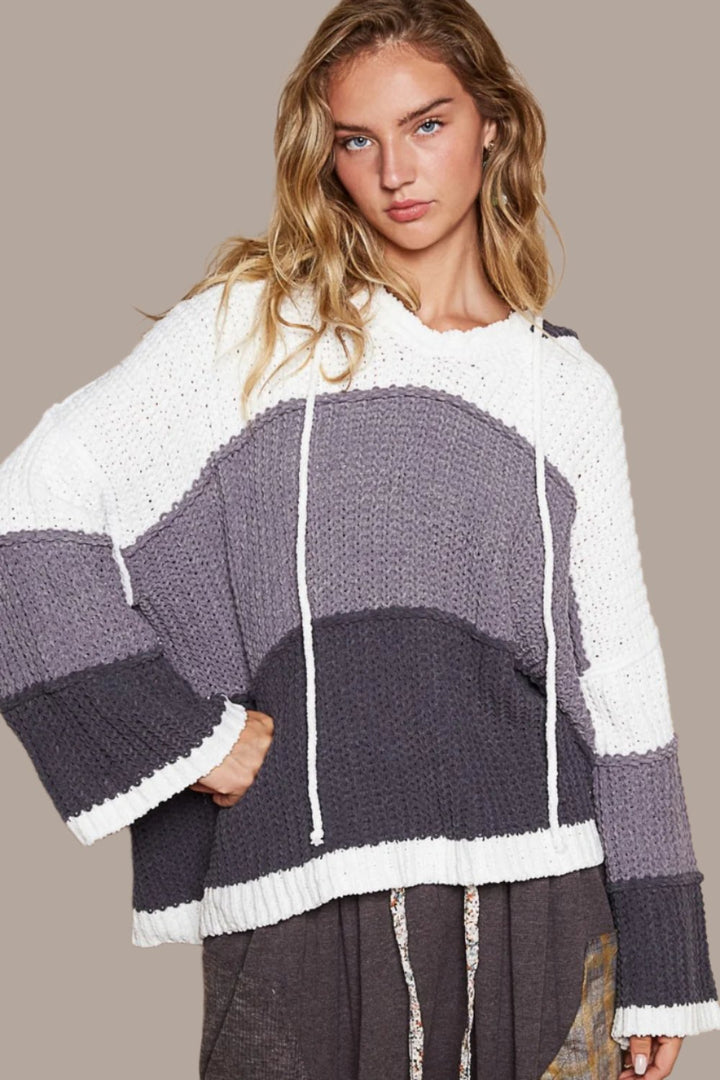 POL Color Block Long Sleeve Hooded Sweater In Ivory Charcoal Multi