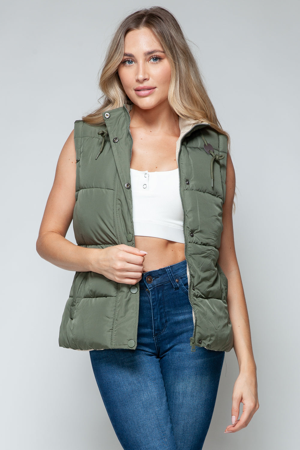 Snobbish Snap and Zip Closure Hooded Vest In Light Olive