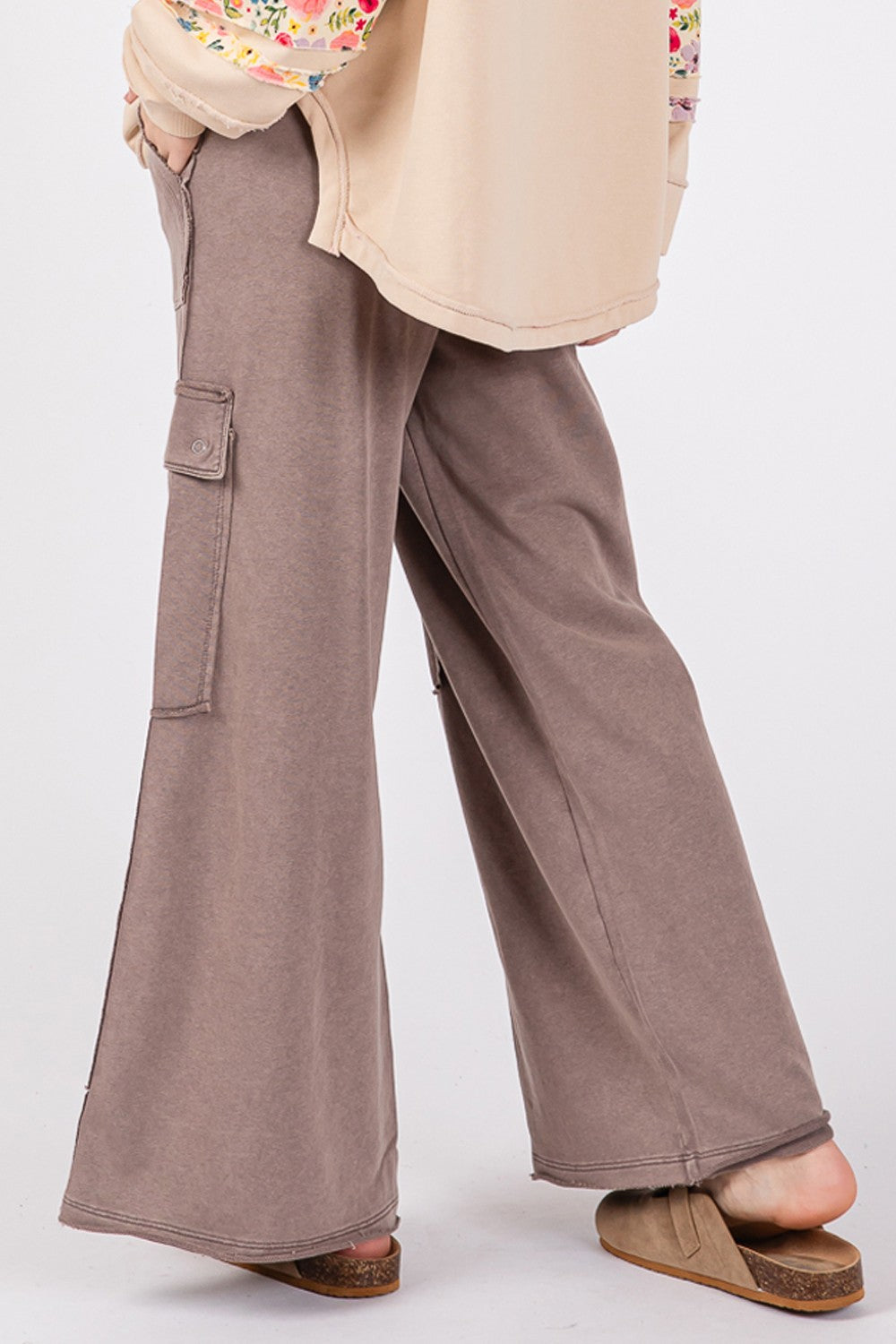 SAGE + FIG Knit Terry Mineral Wash Wide Leg Pants In Charcoal