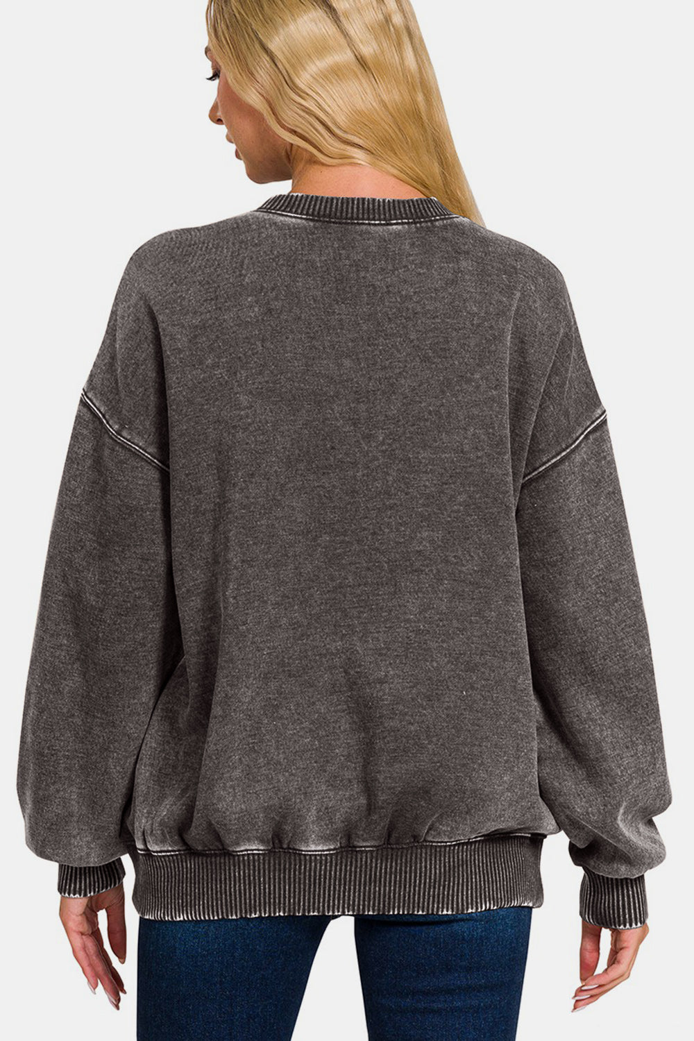 Zenana Acid Wash Fleece Long Sleeve Sweatshirt In Ash Black