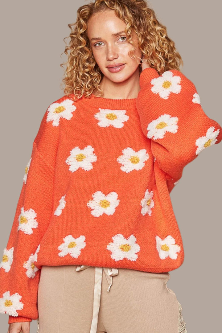 POL Daisy Pattern Drop Shoulder Sweater In Sun Orange