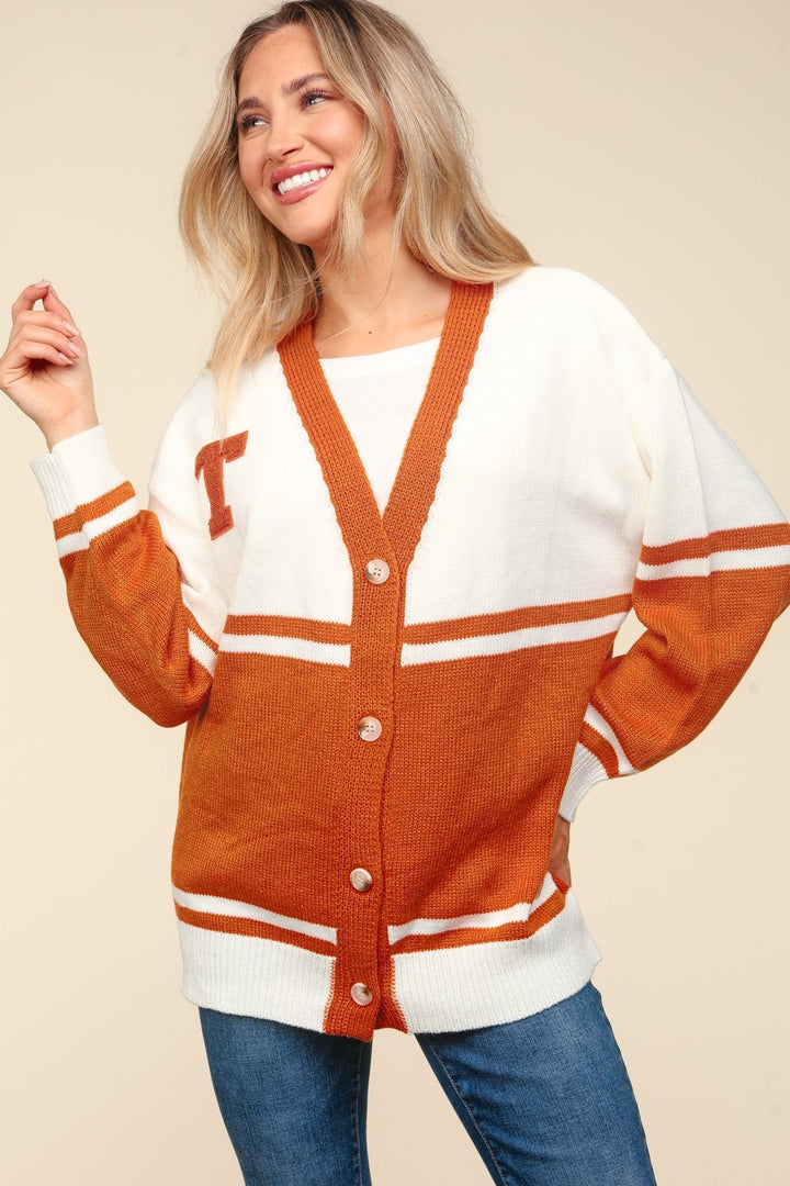 Haptics V Neck Button Down Letter Patch Cardigan In Burnt Orange