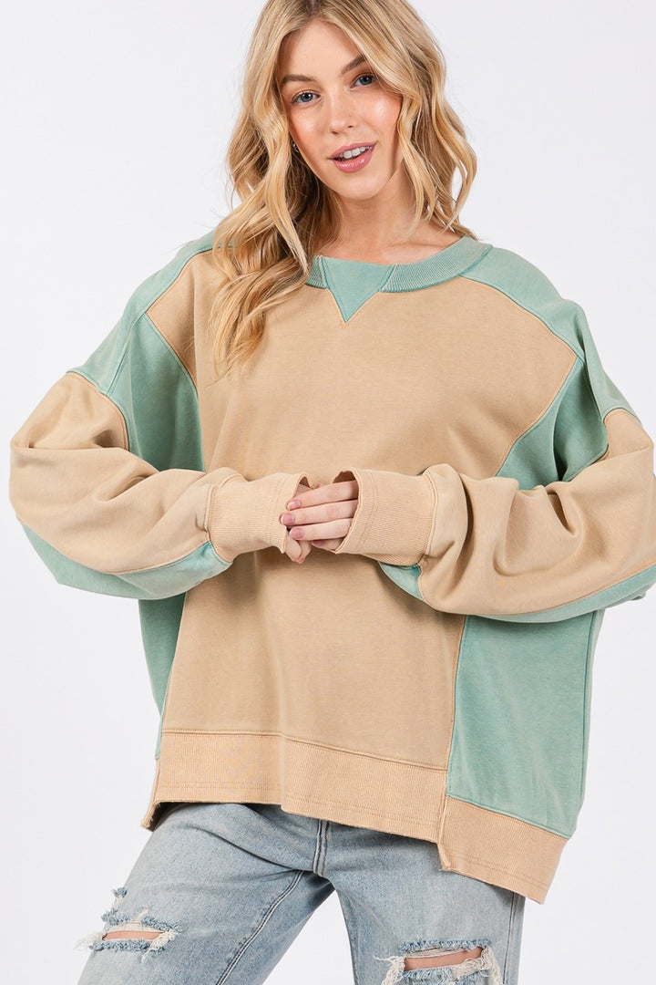 SAGE + FIG Color Block Round Neck Sweatshirt In Cookie