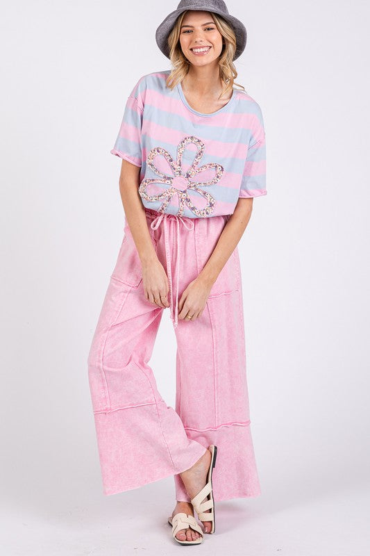 SAGE + FIG Mineral Washed Terry Wide Leg Pants In Pink