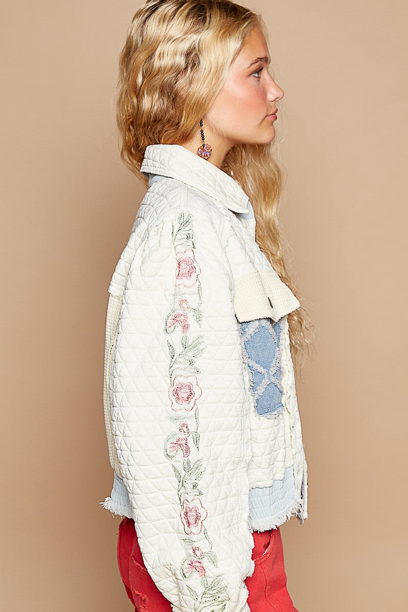 POL Embroidered Sleeve Raw Edge Quilted Jacket In Ivory