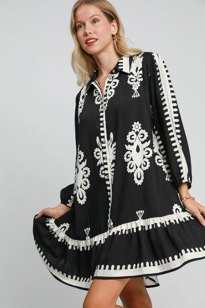 Umgee Border Print Ruffled Hem Dress In Black