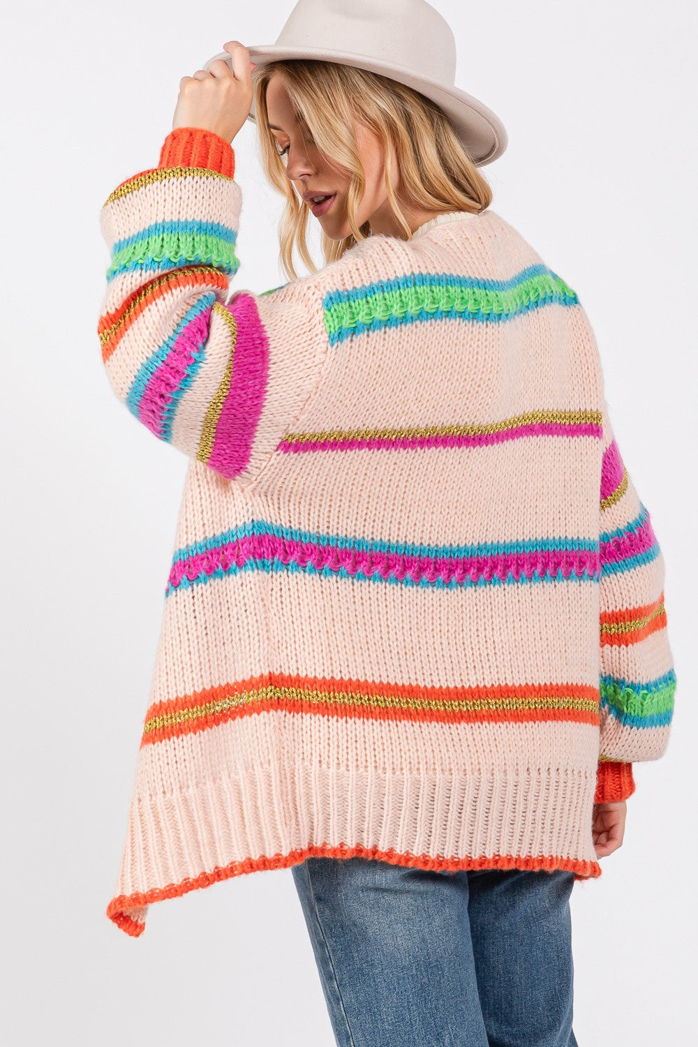 SAGE + FIG Rainbow Striped Open Front Knit Cardigan In Multi