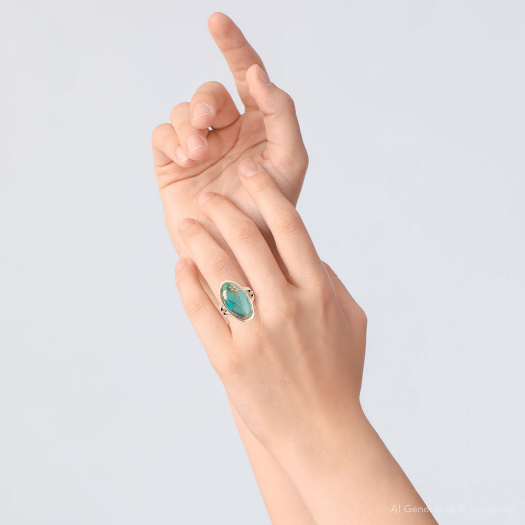Blue Turquoise and Bronze Matrix Golden Oval Ring