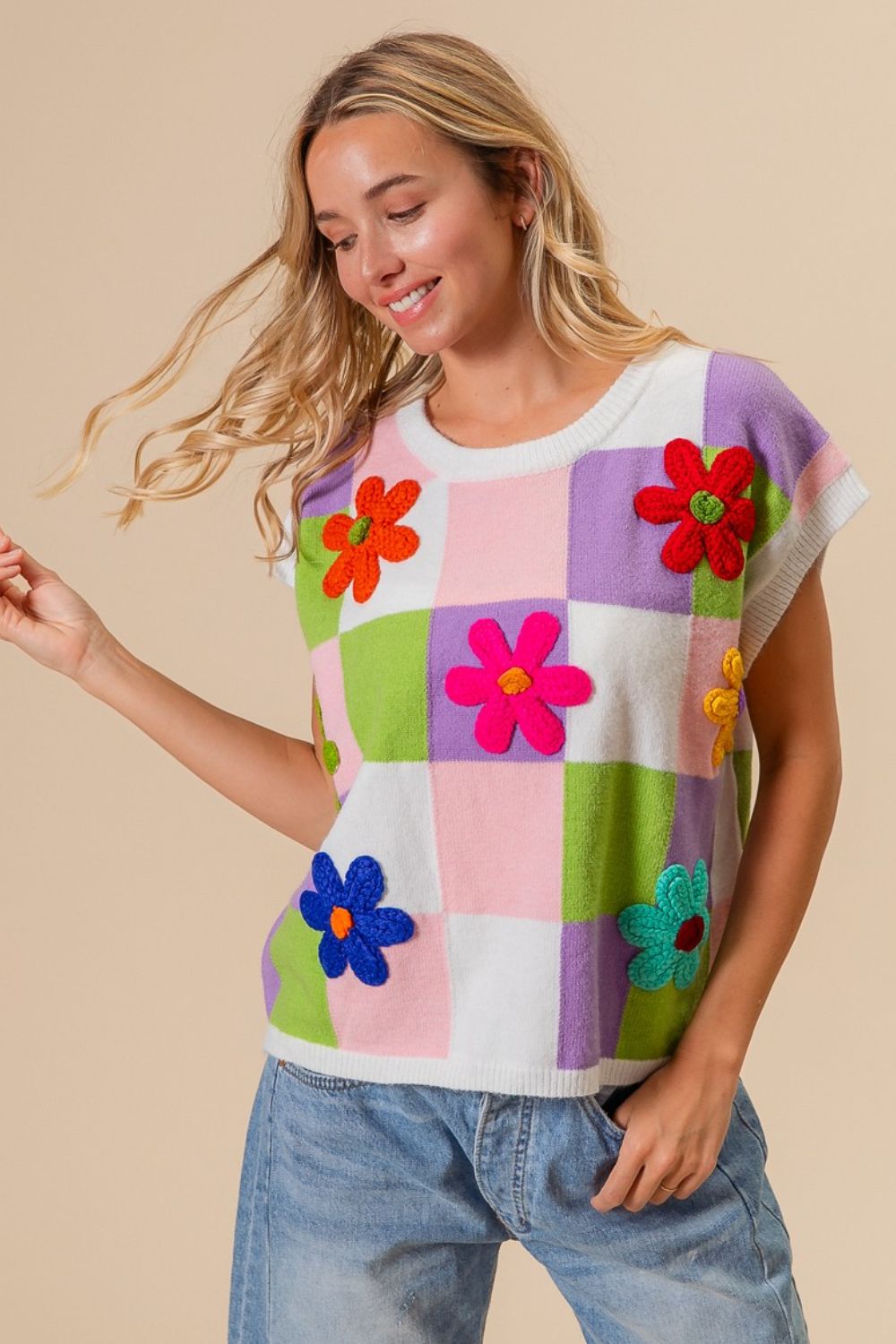 Summer Flower Patch Checkered Sweater Vest