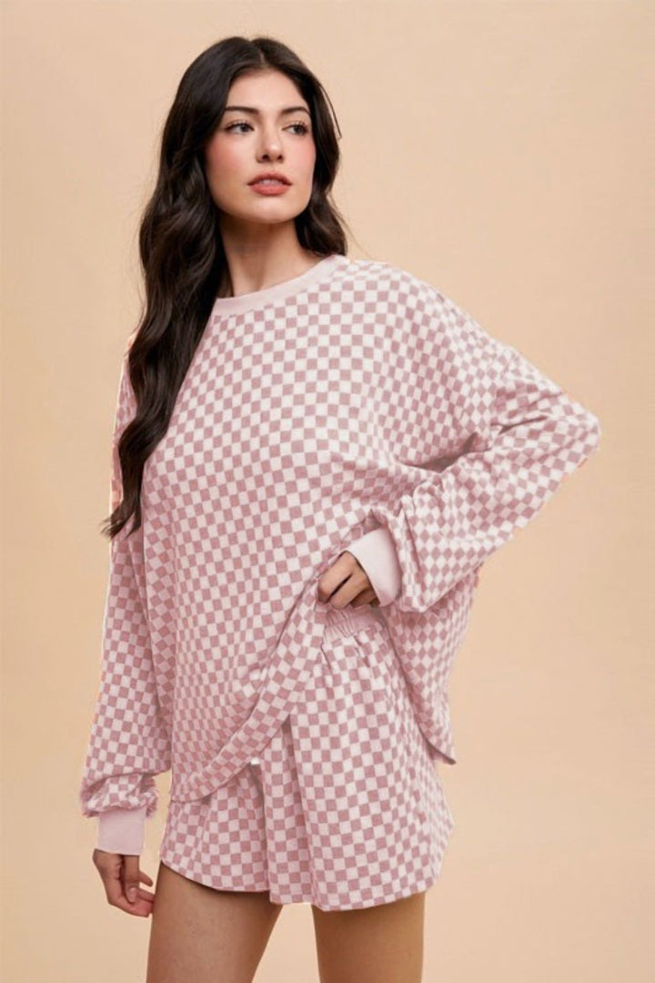 Annie Wear Checkered Top and Drawstring Shorts Set In Blush