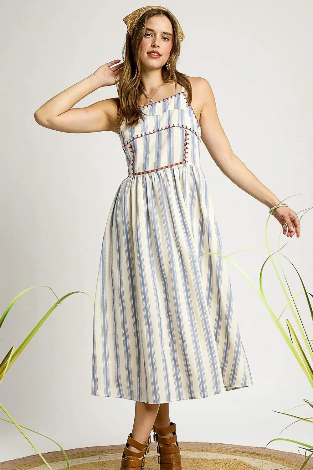 umgee blue and white dress Striped Colorful Embroidered Trim Cami In Light low_sales Color:Majorelle this piece offers a Off The Shoulder Bridal