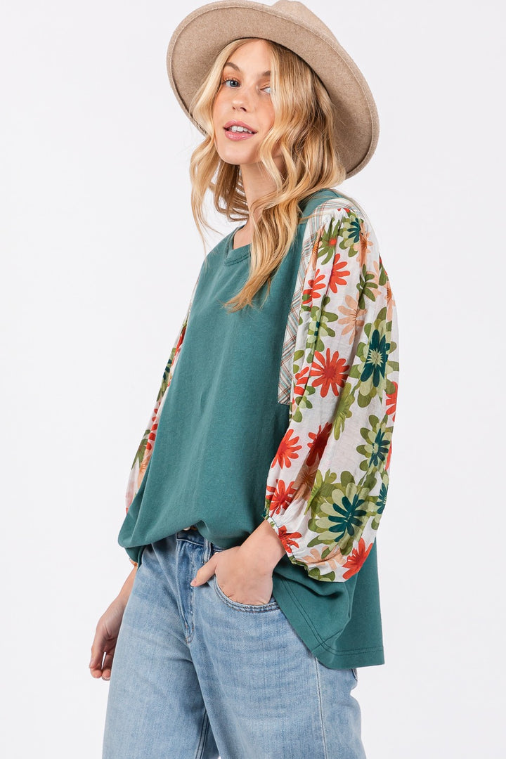 SAGE + FIG Printed Balloon Sleeve Contrast Top In Teal